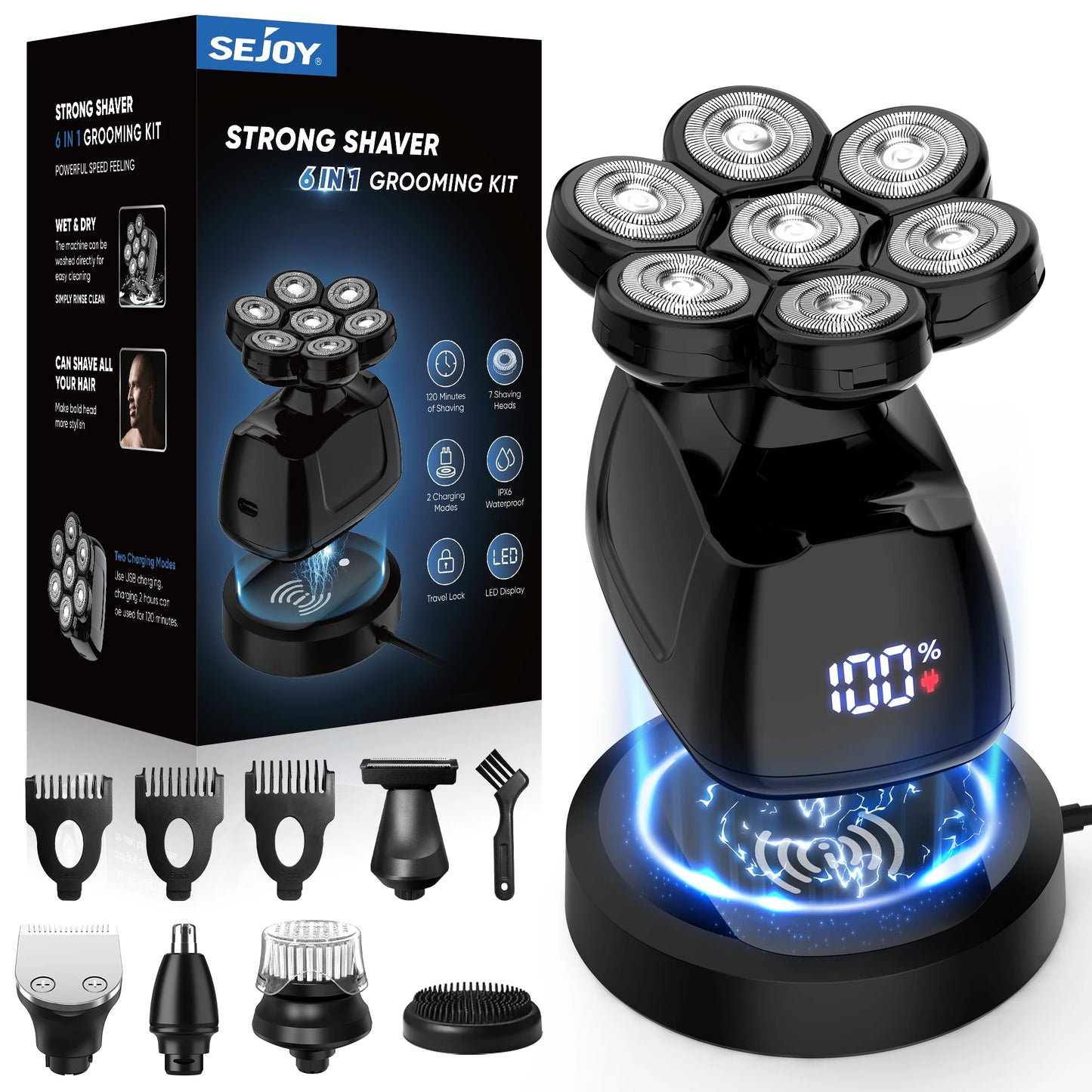 Sejoy strong shaver grooming kit with packaging and attachments