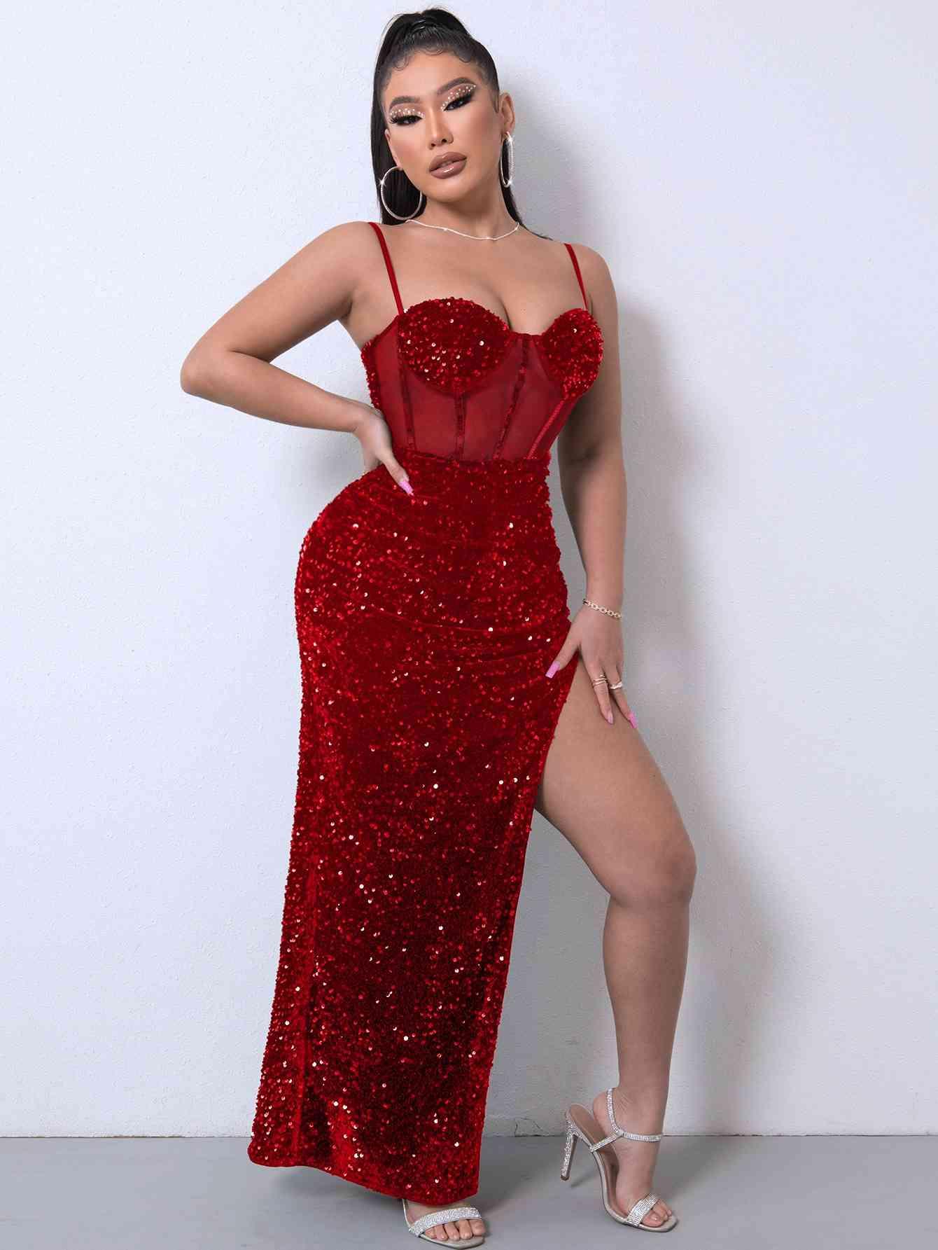 Sequin Spliced Mesh Adjustable Strap Dress Carauana Store