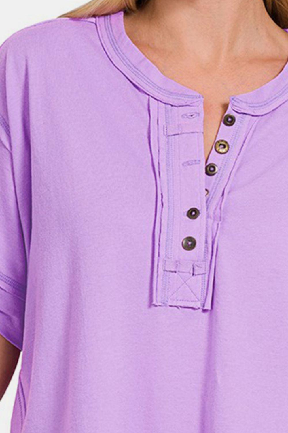 Zenana Exposed Seam Half Button Short Sleeve Top Carauana Store
