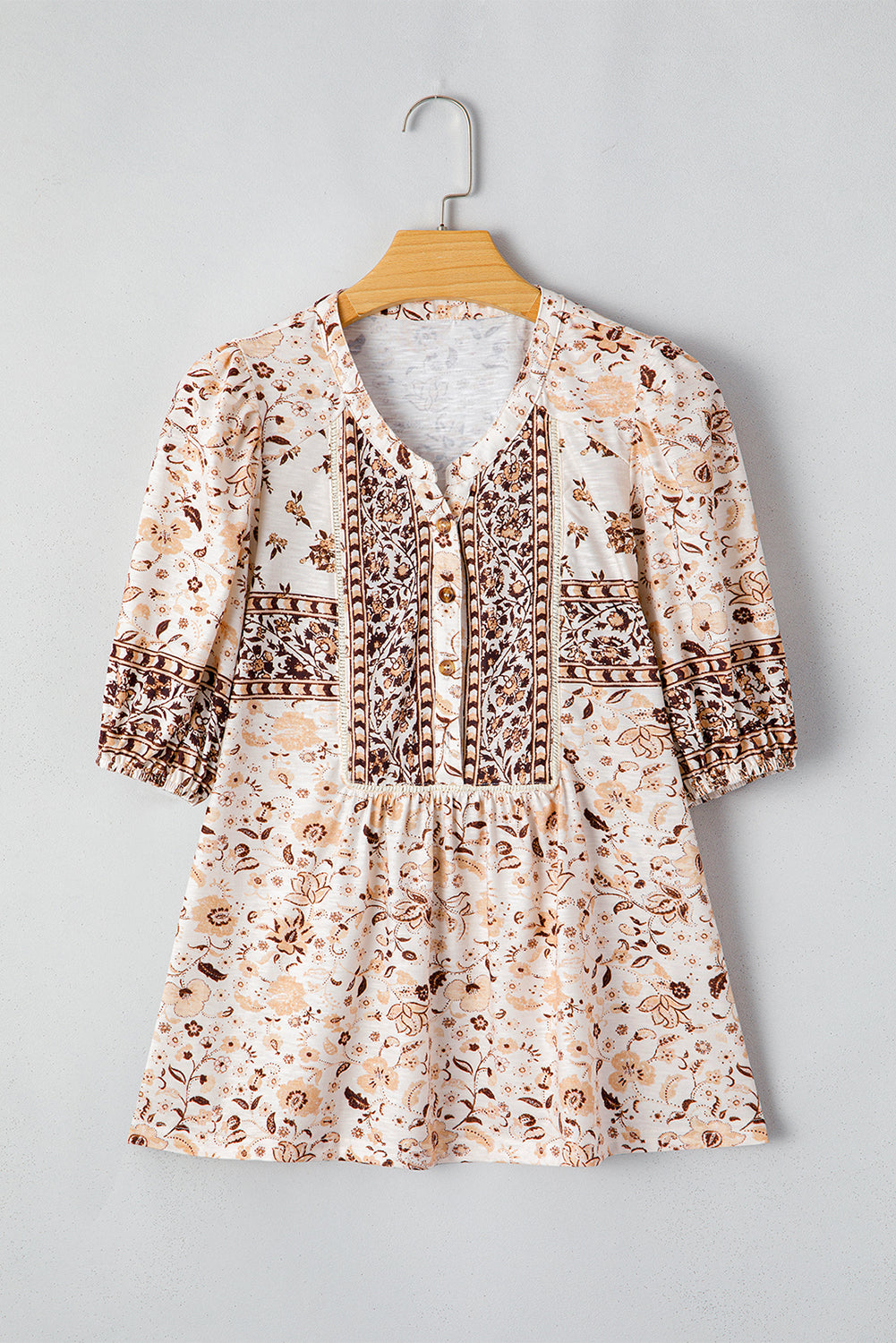 Khaki Boho Floral Print Half Placket Short Sleeve Loose Blouse