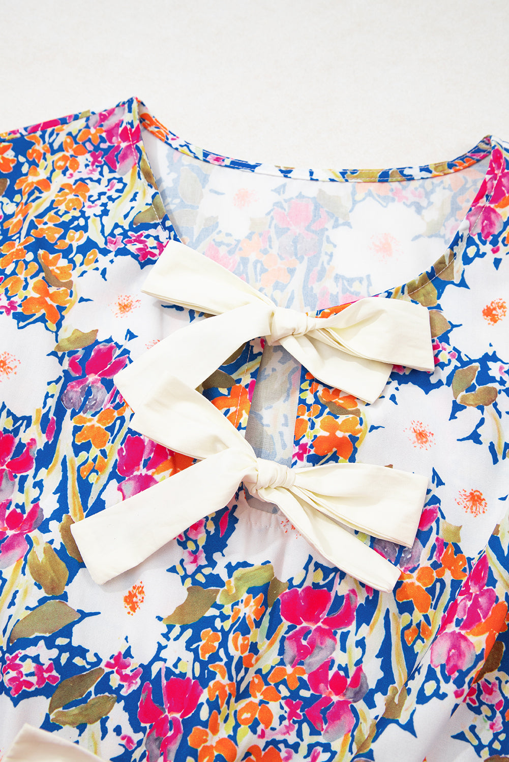 Rose Green Floral Print Bow Applique Slit Sleeveless Peplum Blouse