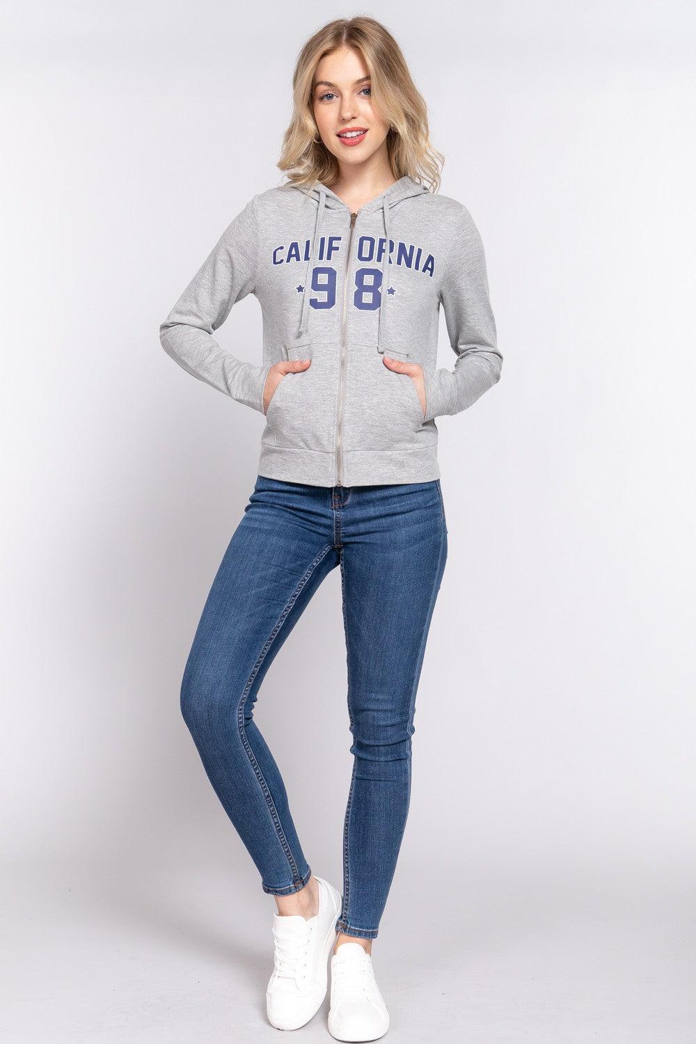 ACTIVE BASIC CALIFORNIA Zip Up Drawstring Long Sleeve Hoodie Carauana Store