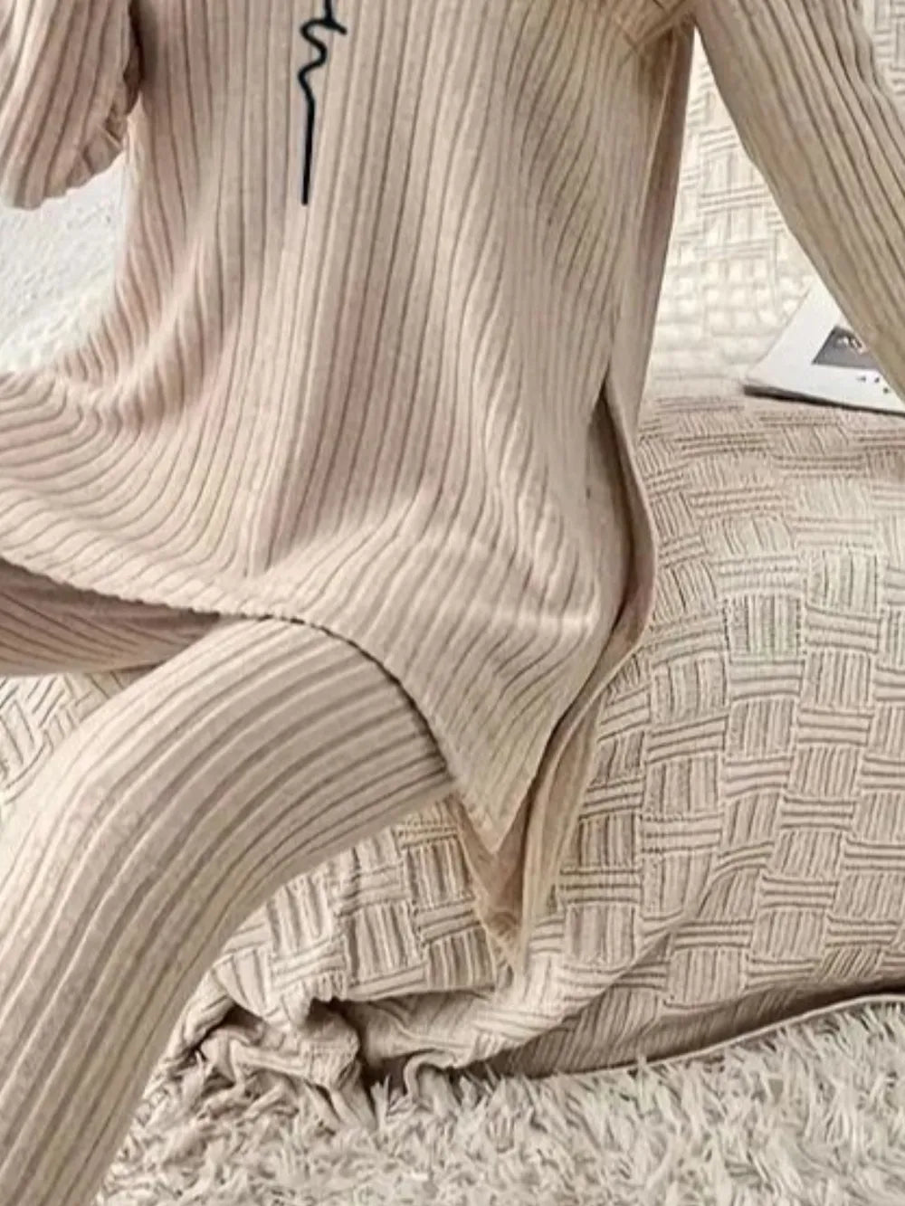 Side Slit Round Neck Long Sleeve Top and Pants Set Carauana Store