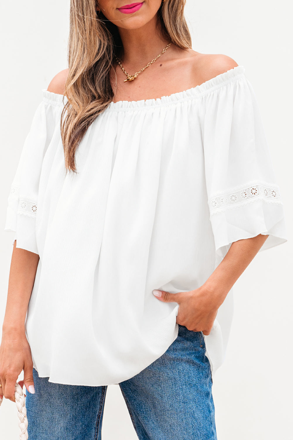 White Frilly Off Shoulder Lace Insert Sleeve Textured Blouse