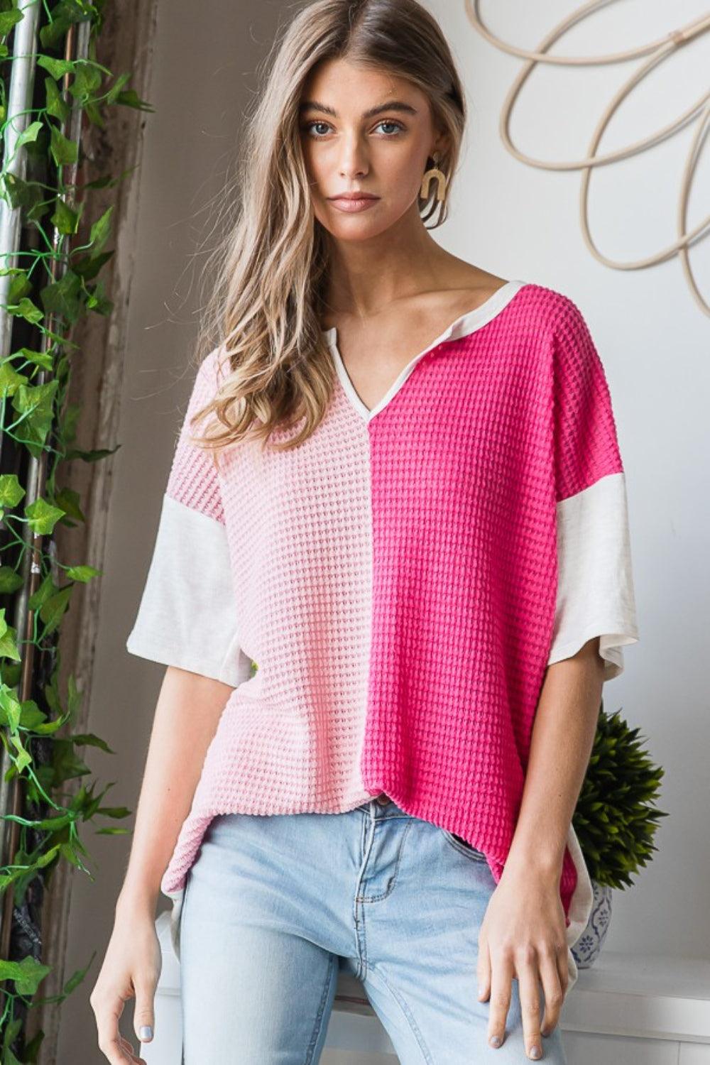Heimish Full Size Contrast Waffle-Knit Half Sleeve Blouse Carauana Store