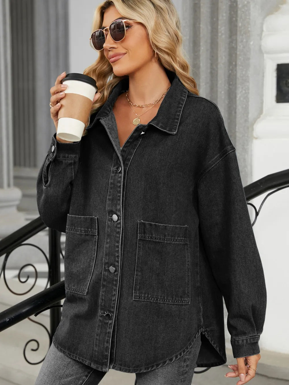 Removable Hood Button Up Long Sleeve Denim Jacket Carauana Store