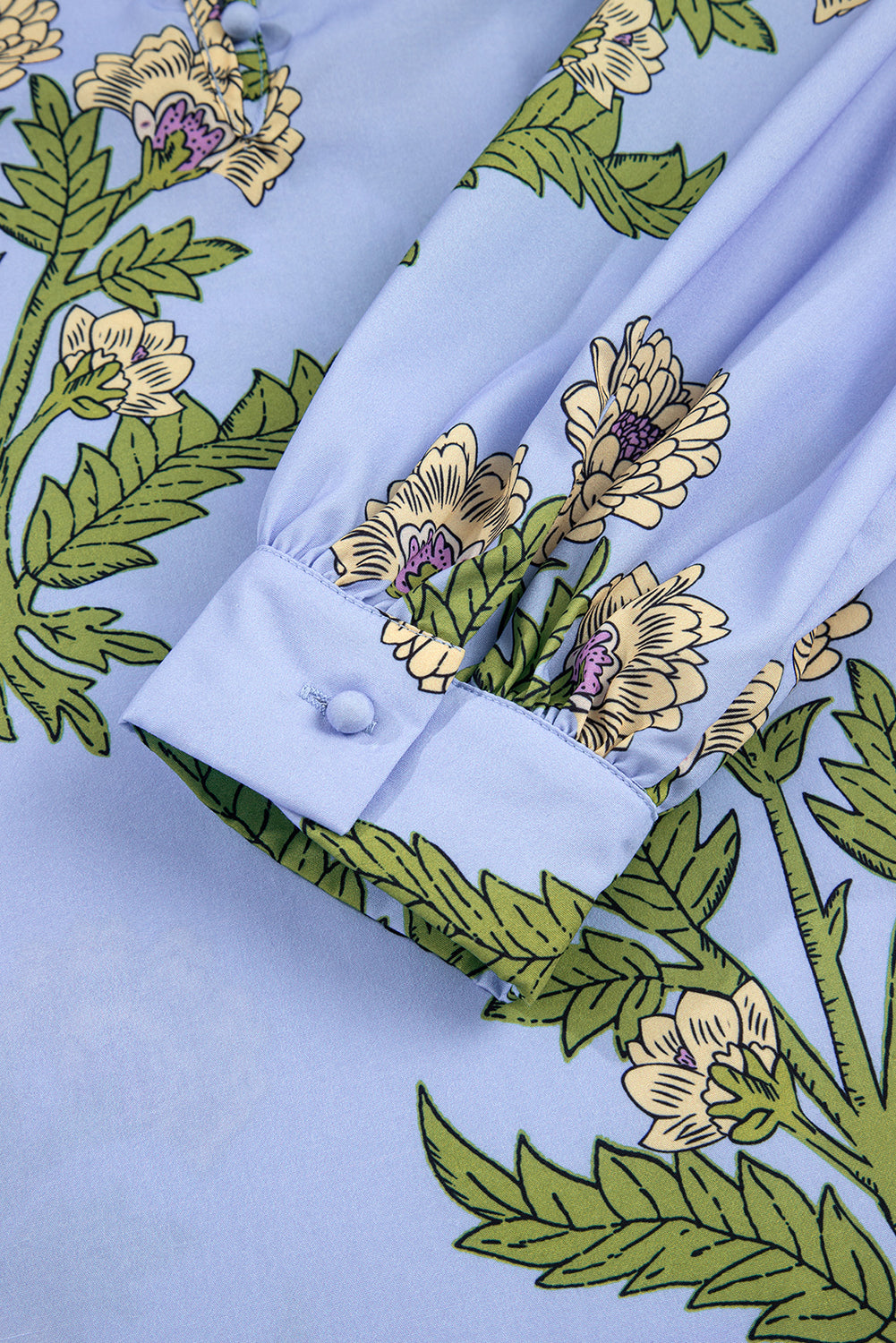 Sky Blue Floral Print Button Tie Neck Long Puff Sleeve Blouse