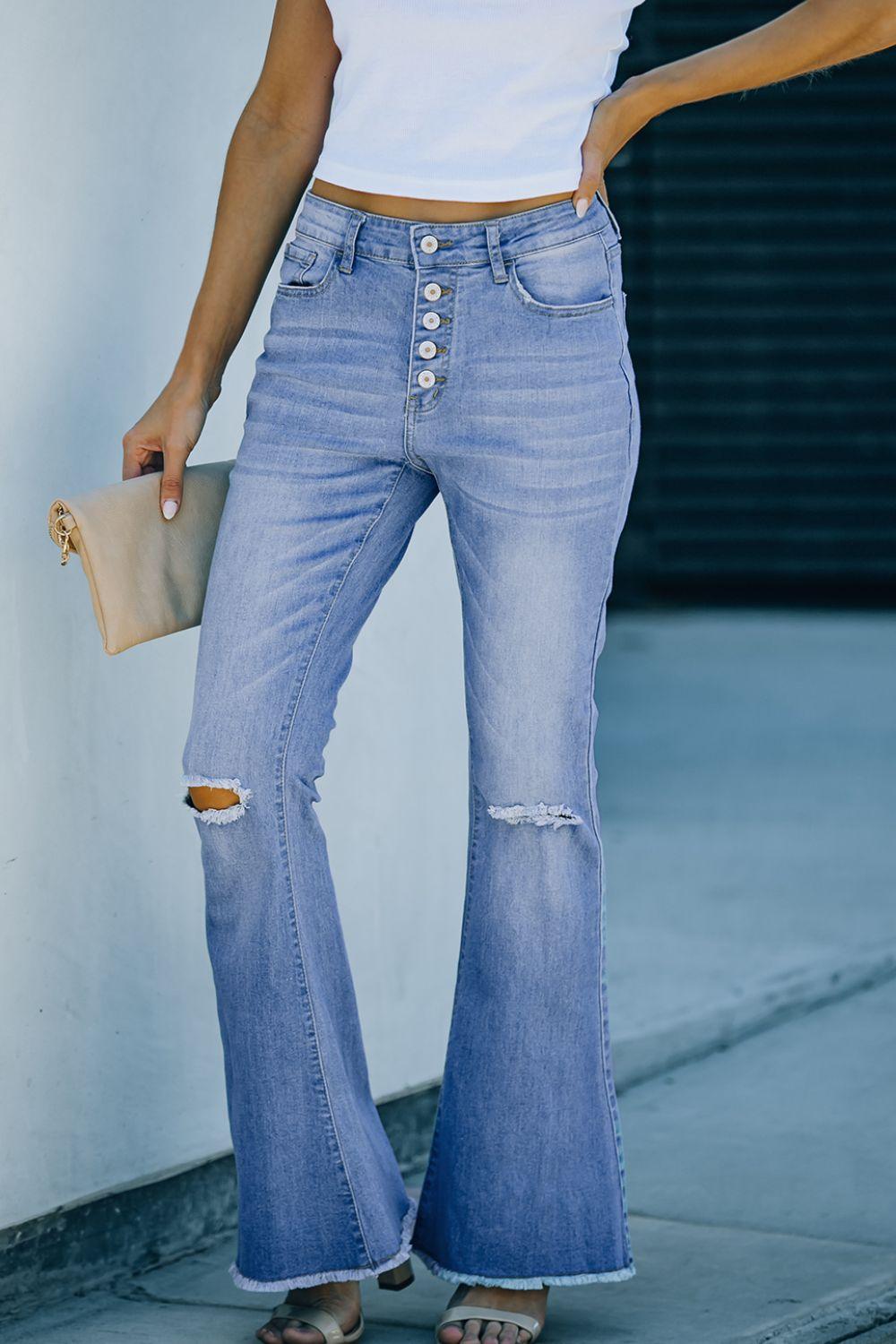 Button-Fly Distressed Raw Hem Flare Jeans Carauana Store