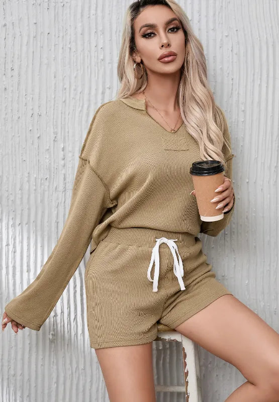 Exposed Seam Long Sleeve Top and Drawstring Shorts Set Carauana Store