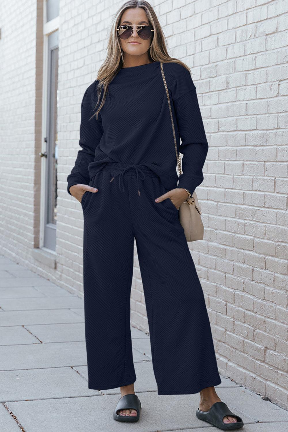 Double Take Full Size Textured Long Sleeve Top and Drawstring Pants Set Carauana Store