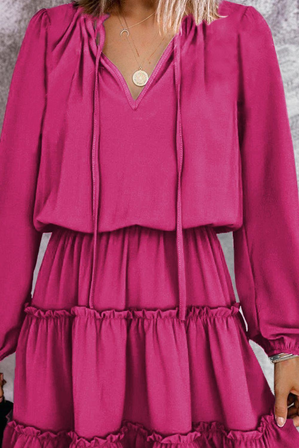 Frill Tie Neck Balloon Sleeve Dress Carauana Store