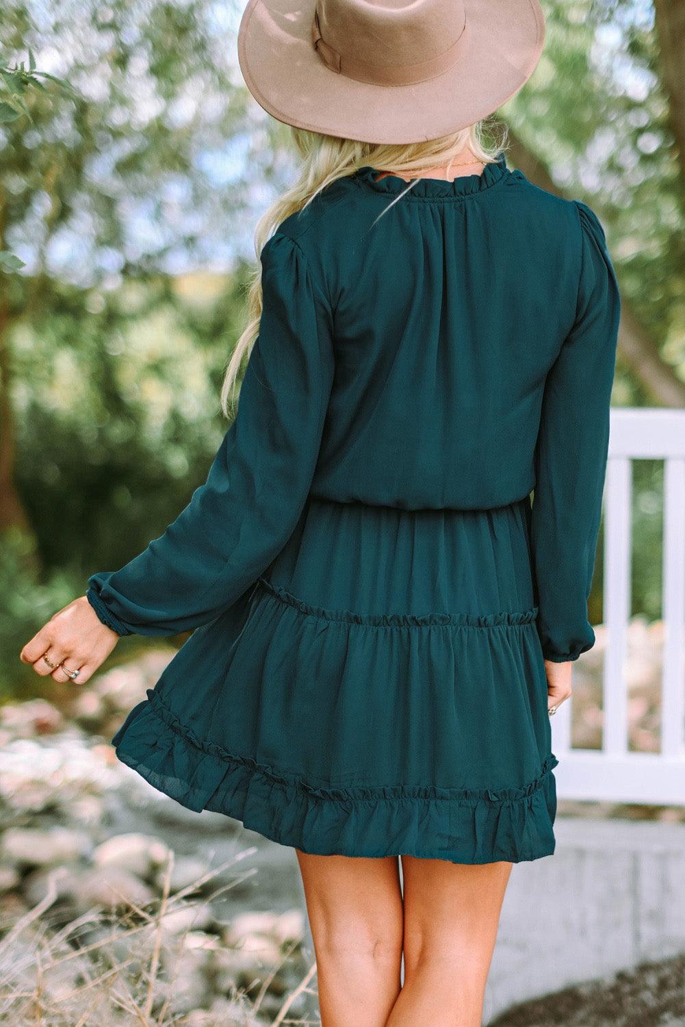 Frill Tie Neck Balloon Sleeve Dress Carauana Store