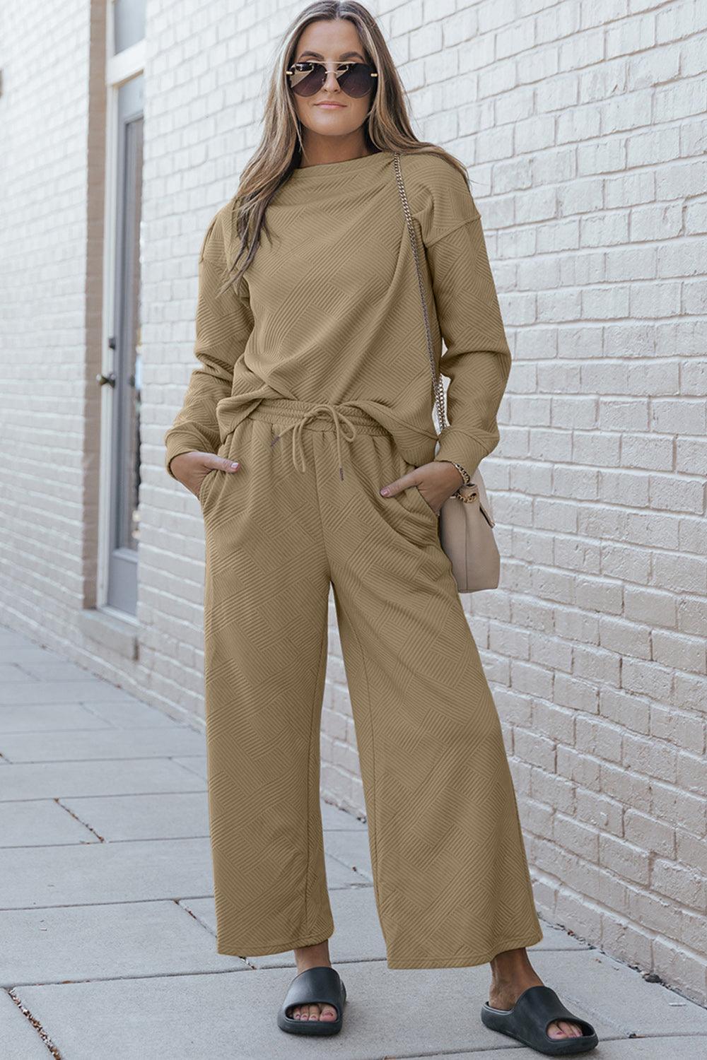 Double Take Full Size Textured Long Sleeve Top and Drawstring Pants Set Carauana Store
