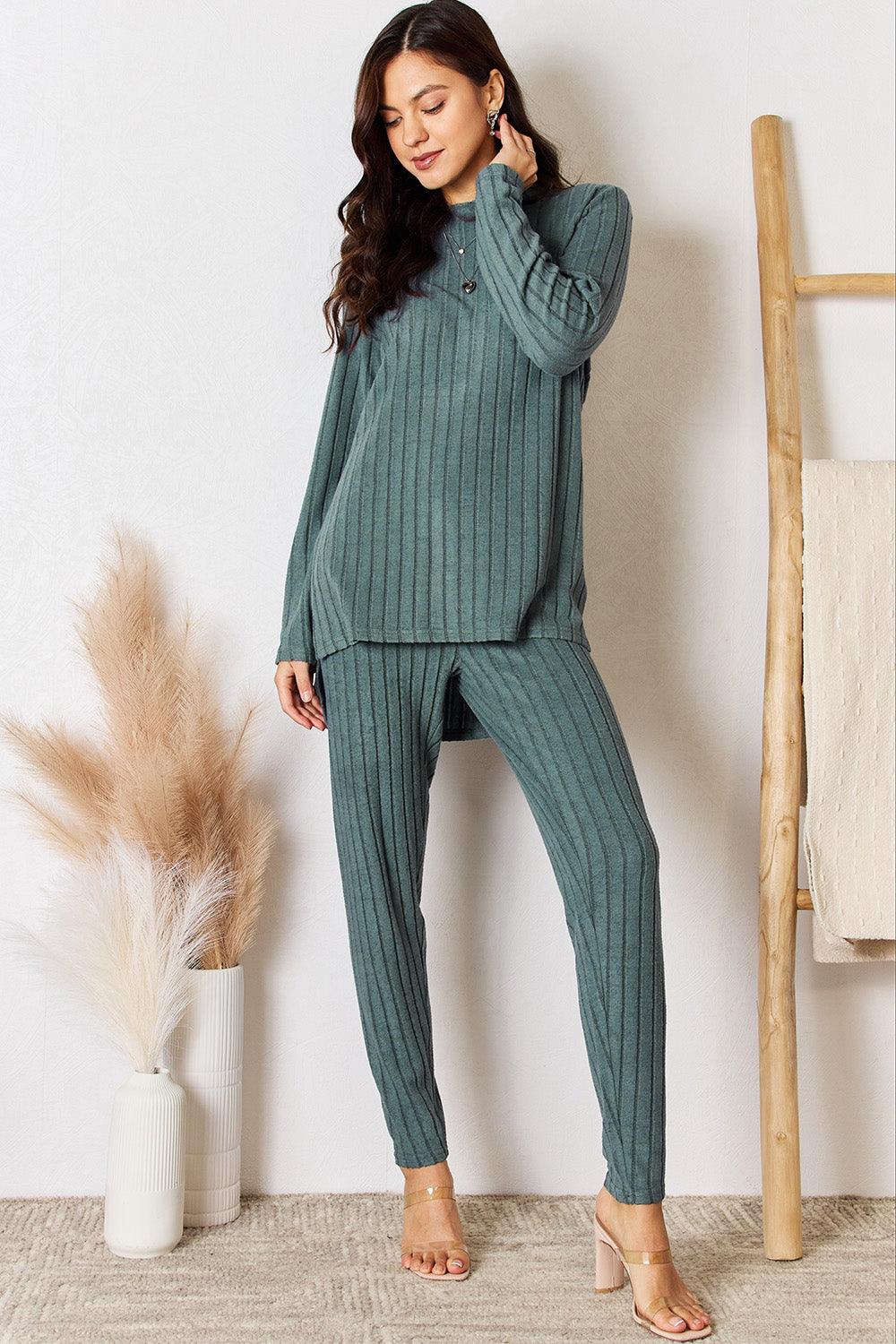 Basic Bae Full Size Ribbed Round Neck High-Low Slit Top and Pants Set Carauana Store