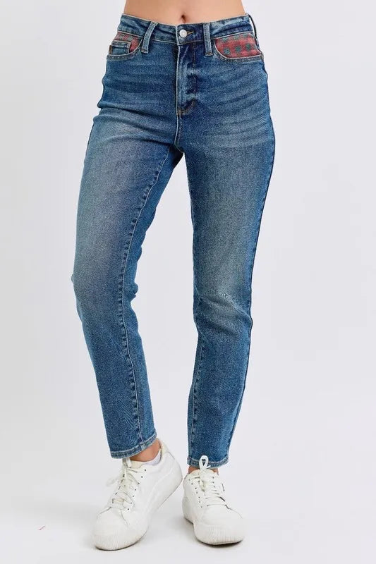 Judy Blue Full Size HW Plaid Patch Slim Fit Jeans Plus Size Carauana Store