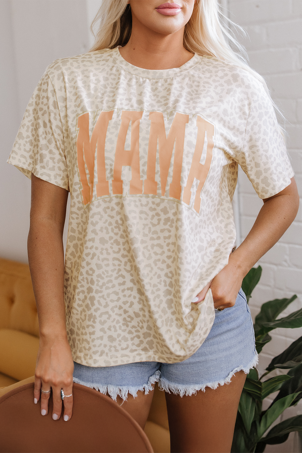 Yellow MAMA Letter Graphic Leopard Loose Tee