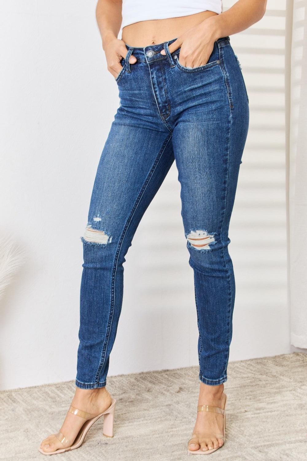 Judy Blue Full Size Mid Waist Distressed Slim Jeans Carauana Store