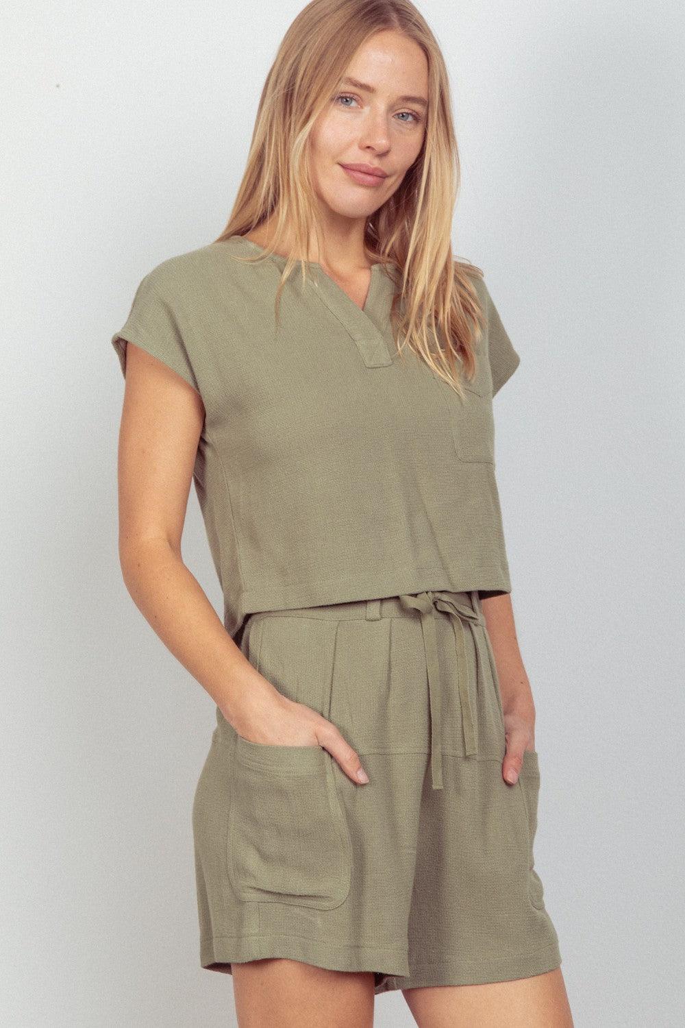 VERY J Woven Cropped Top & Waist Tie Shorts Set Carauana Store