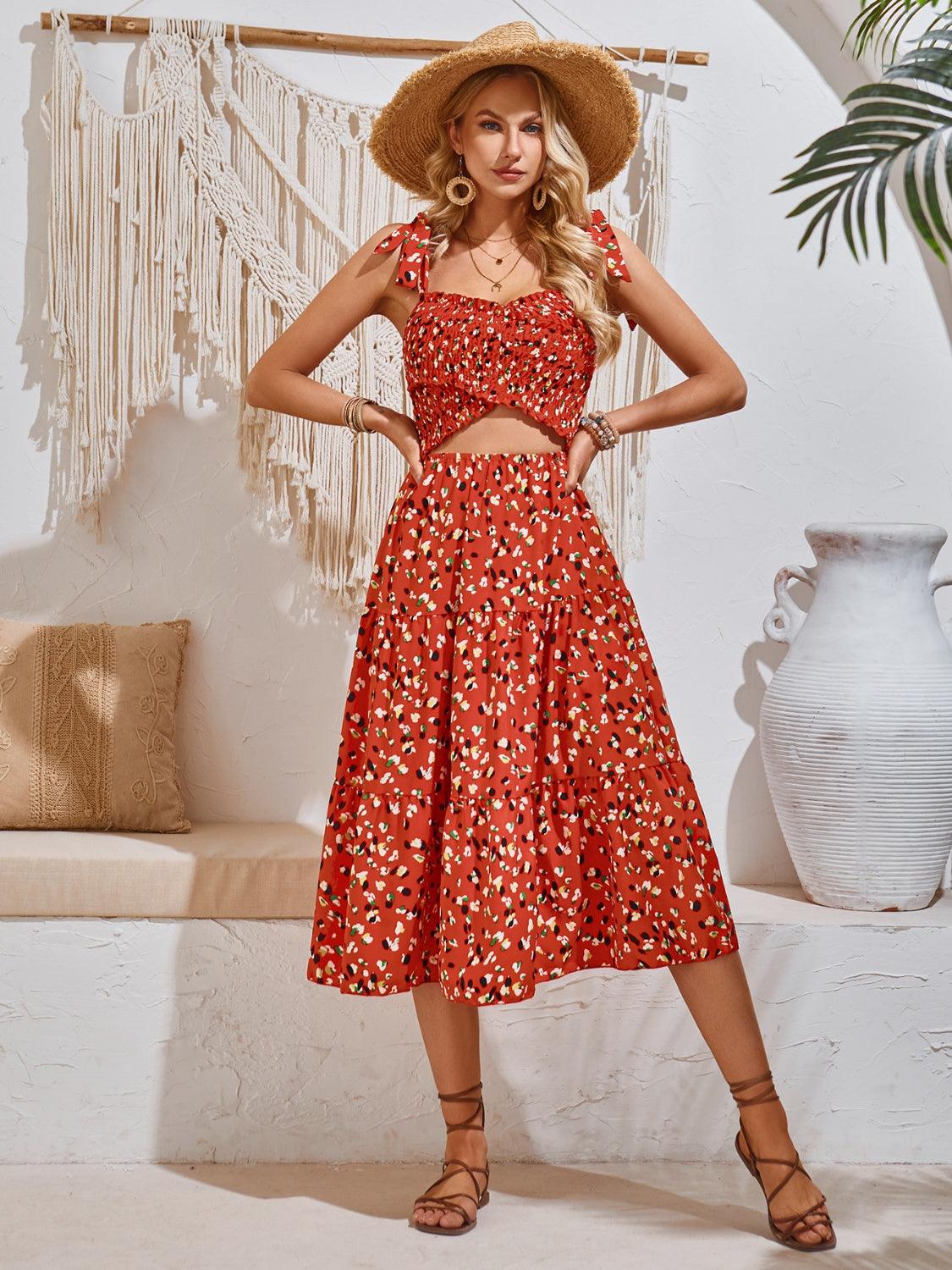Cutout Printed Tie Shoulder Midi Dress Carauana Store