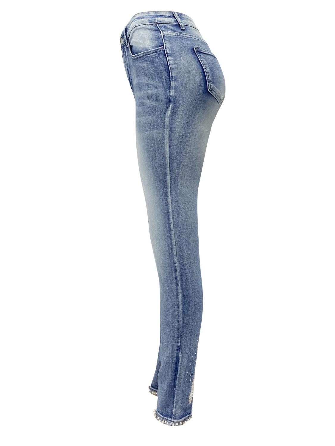 Rhinestone Skinny Jeans with Pockets Carauana Store