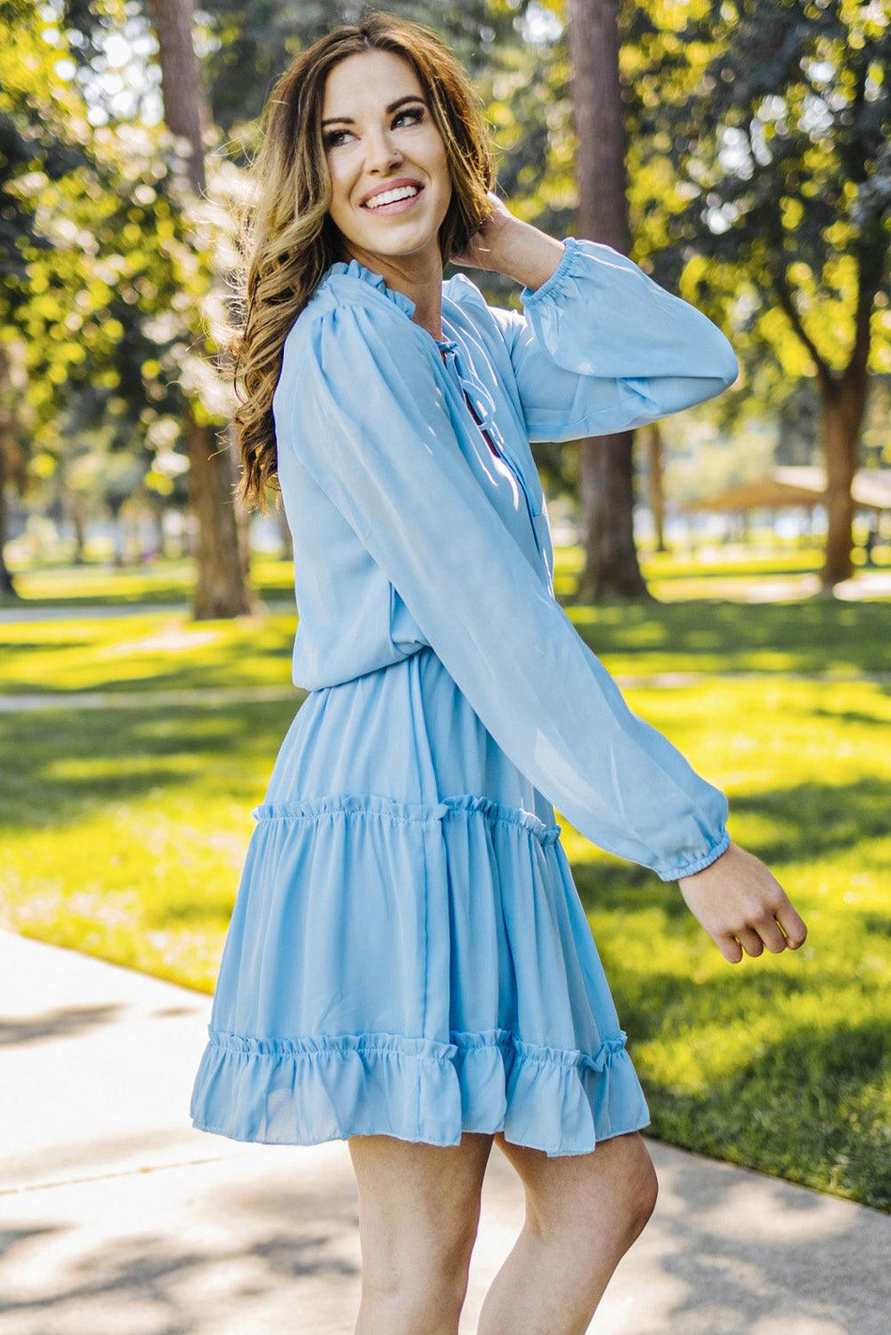 Frill Tie Neck Balloon Sleeve Dress Carauana Store