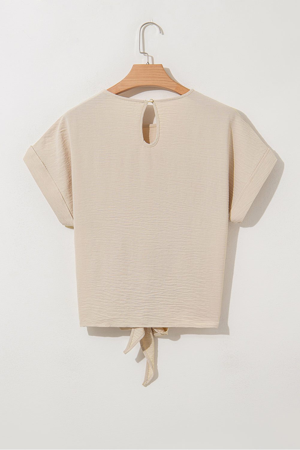 Parchment Solid Color Knotted Hem Short Sleeve Blouse