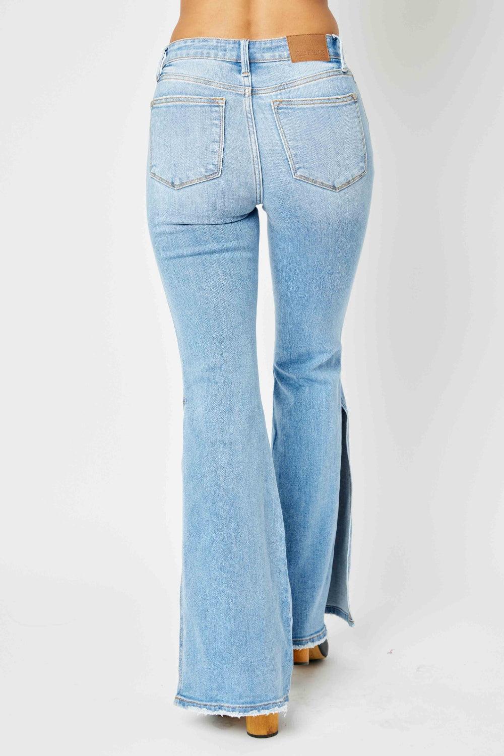 Judy Blue Full Size Mid Rise Raw Hem Slit Flare Jeans Carauana Store