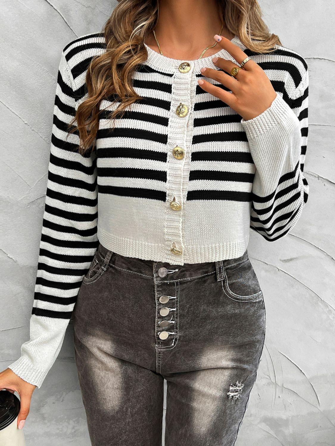 Devine Striped Round Neck Button Down Cardigan Carauana Store