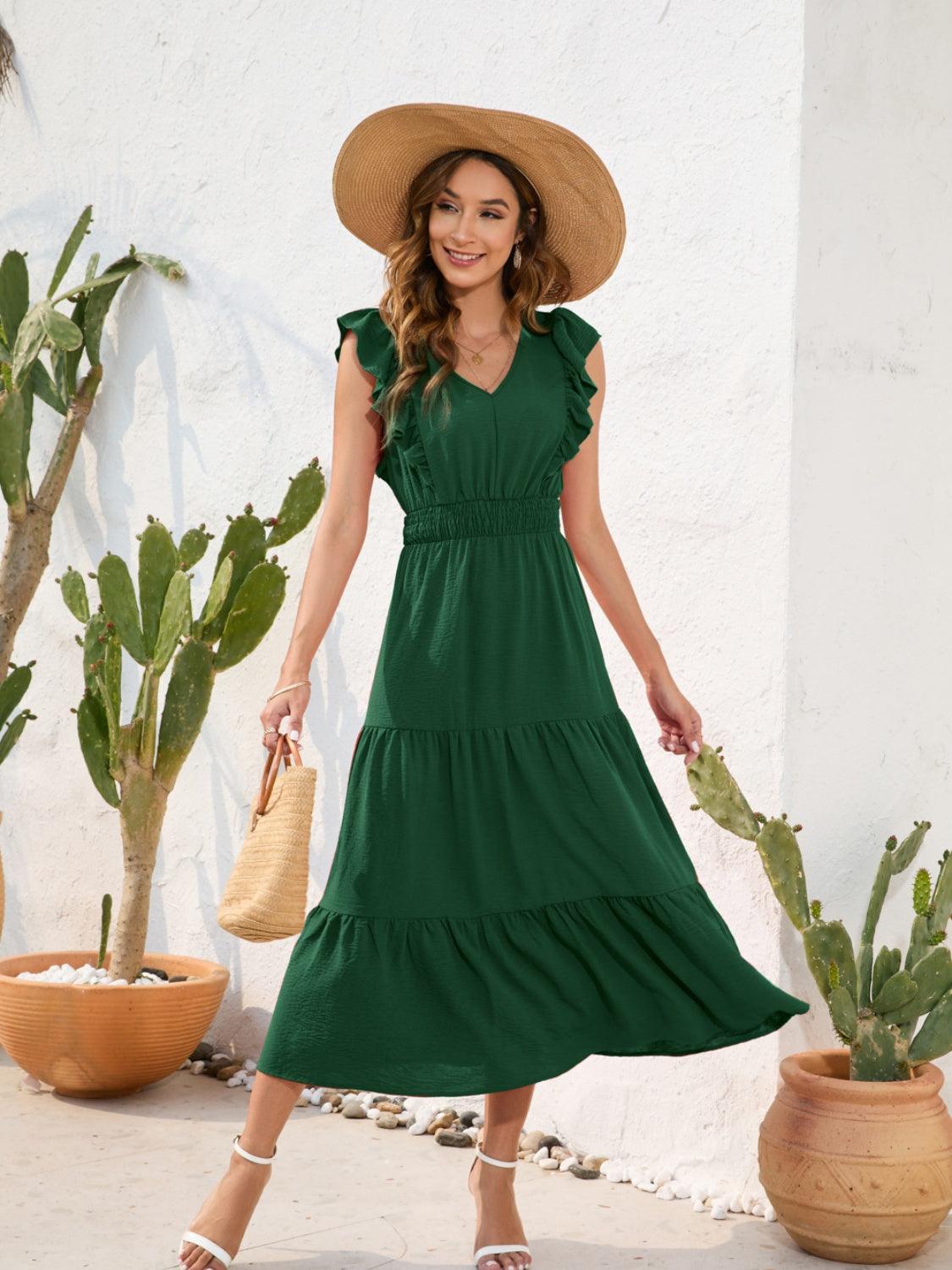 Tiered Ruffled V-Neck Cap Sleeve Dress Carauana Store