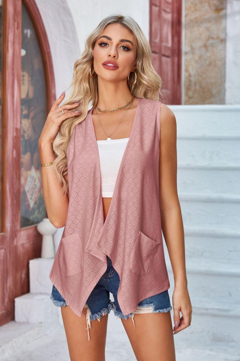 Eyelet Open Front Sleeveless Cardigan Carauana Store