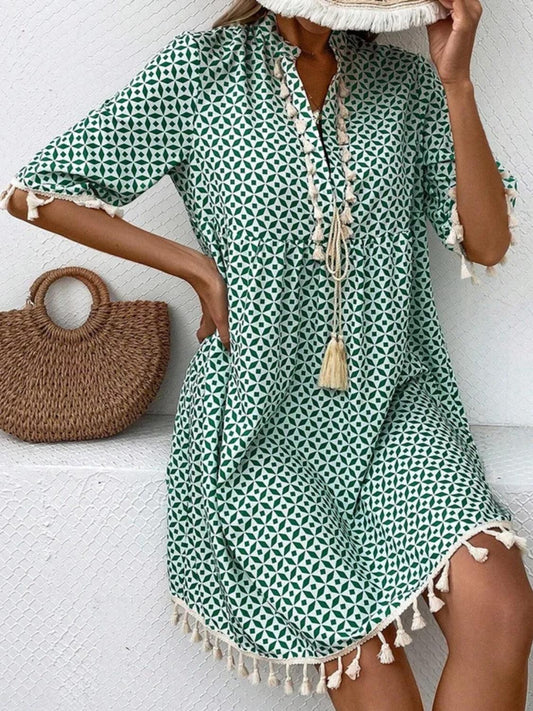 Tassel Printed Notched Half Sleeve Mini Dress Carauana Store