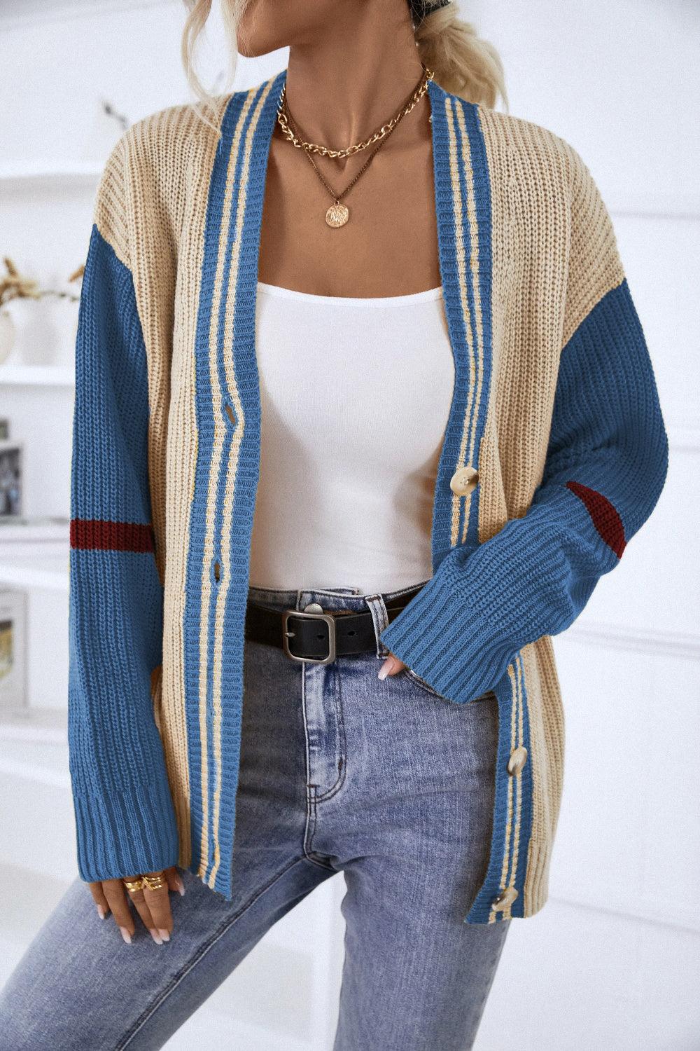 Contrast Button Up Dropped Shoulder Cardigan Carauana Store