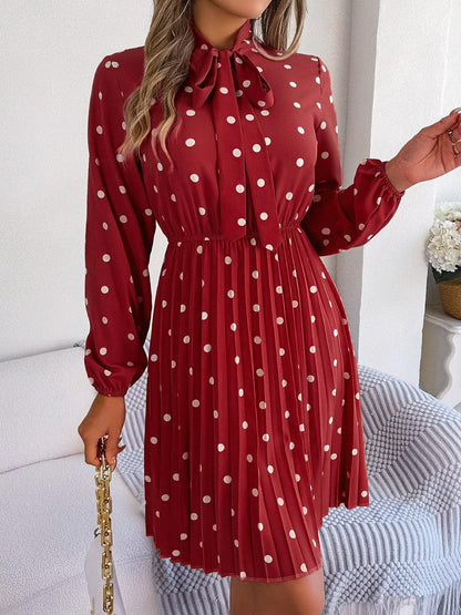 Polka Dot Tie Neck Pleated Dress Carauana Store