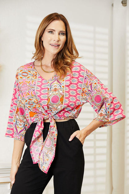 Tie Hem V-Neck Three-Quarter Sleeve Blouse Carauana Store