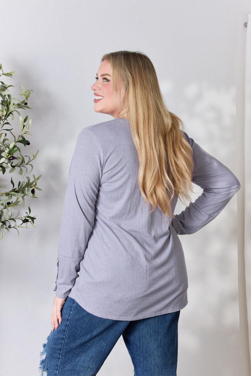 Heimish Full Size Texture Half Button Long Sleeve Top Carauana Store