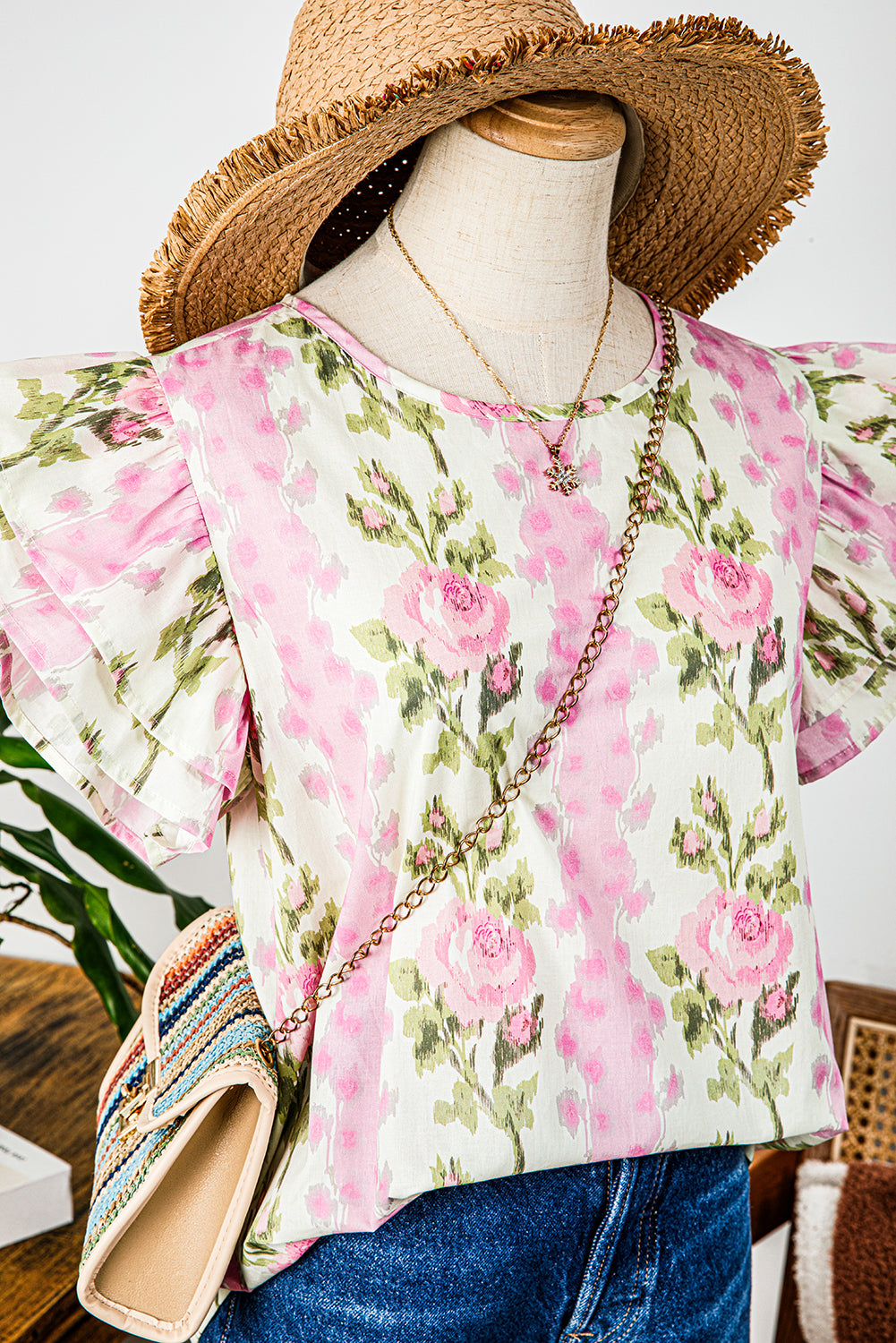 Pink Floral Print Ruffled Sleeve Summer Top