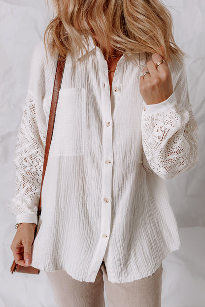 White Cotton Gauze Lace Patchwork Long Sleeve Shirt