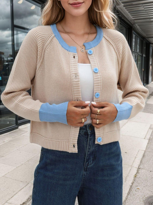 Contrast Button Up Long Sleeve Cardigan Carauana Store