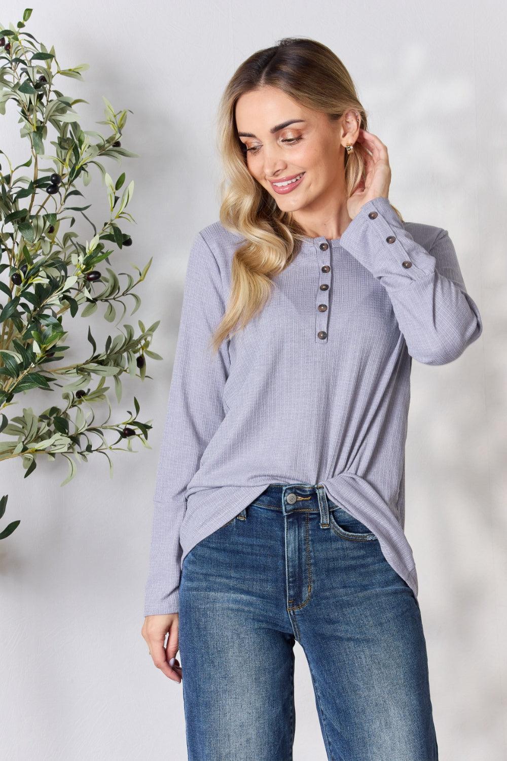 Heimish Full Size Texture Half Button Long Sleeve Top Carauana Store