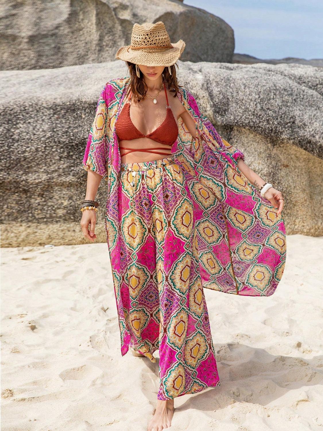 Printed Open Front Cardigan and Pants Set Carauana Store