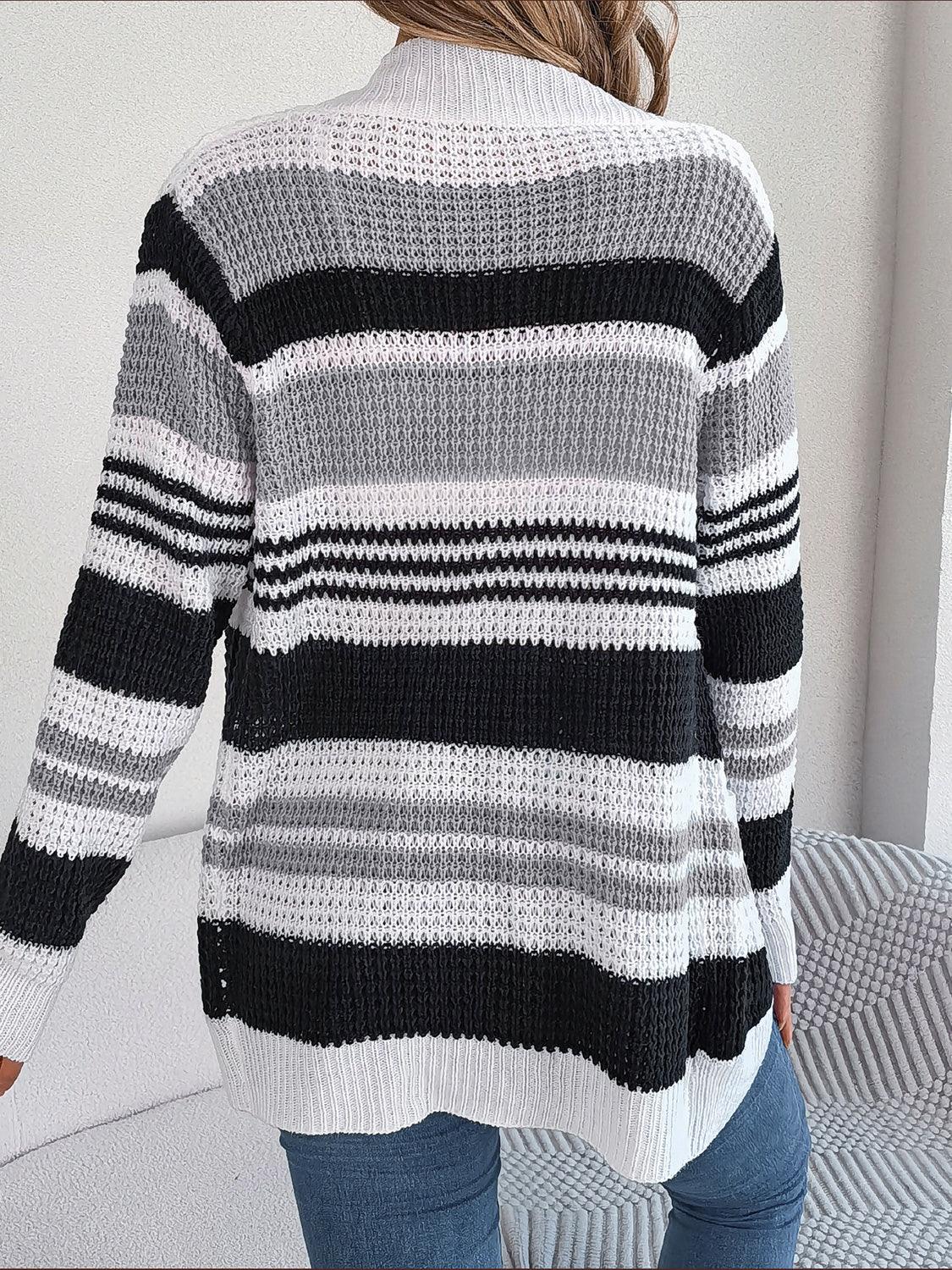 Striped Open Front Long Sleeve Cardigan Carauana Store