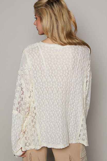 POL Round Neck Long Sleeve Raw Edge Lace Top Carauana Store