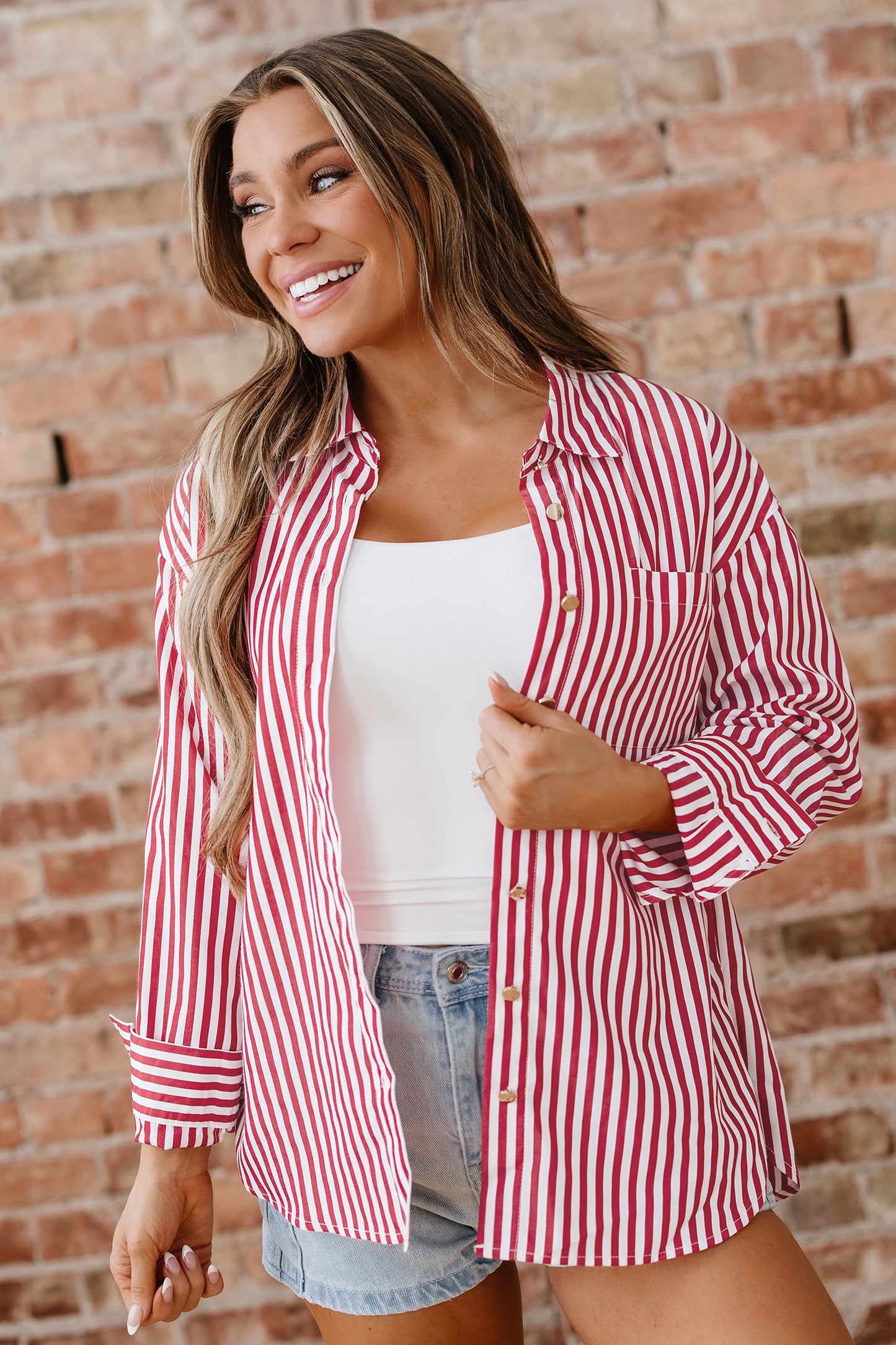 Red Stripe Patched Pocket Side Slit Loose Shirt CaRaUaNa Fashion