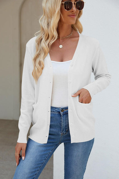 Pocketed V-Neck Button Up Long Sleeve Cardigan Carauana Store