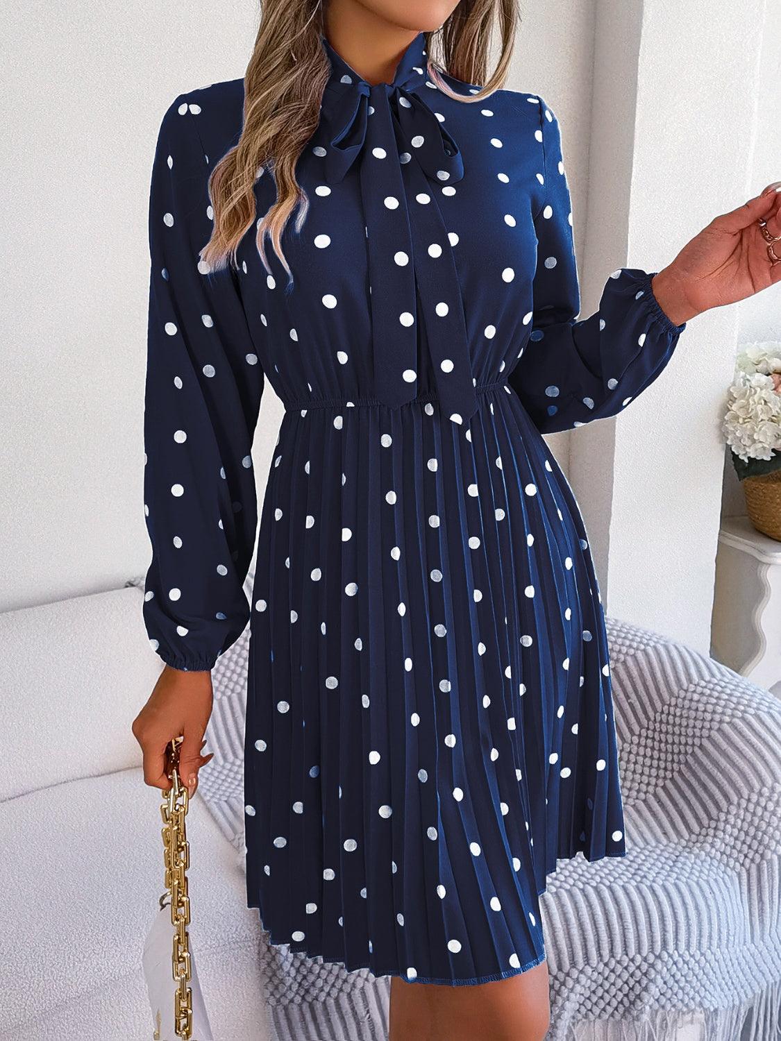 Polka Dot Tie Neck Pleated Dress Carauana Store