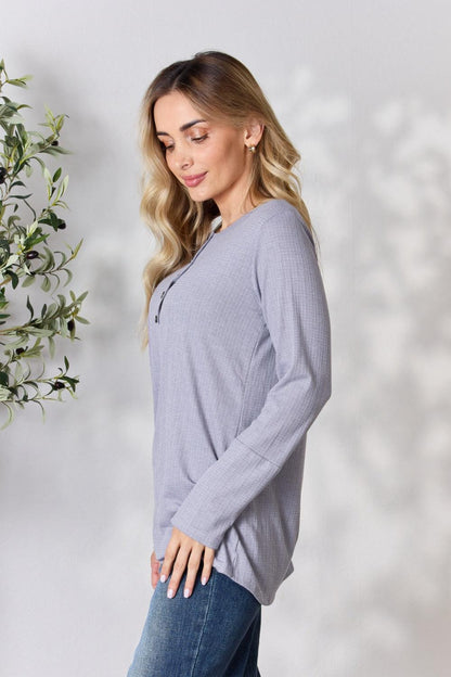 Heimish Full Size Texture Half Button Long Sleeve Top Carauana Store
