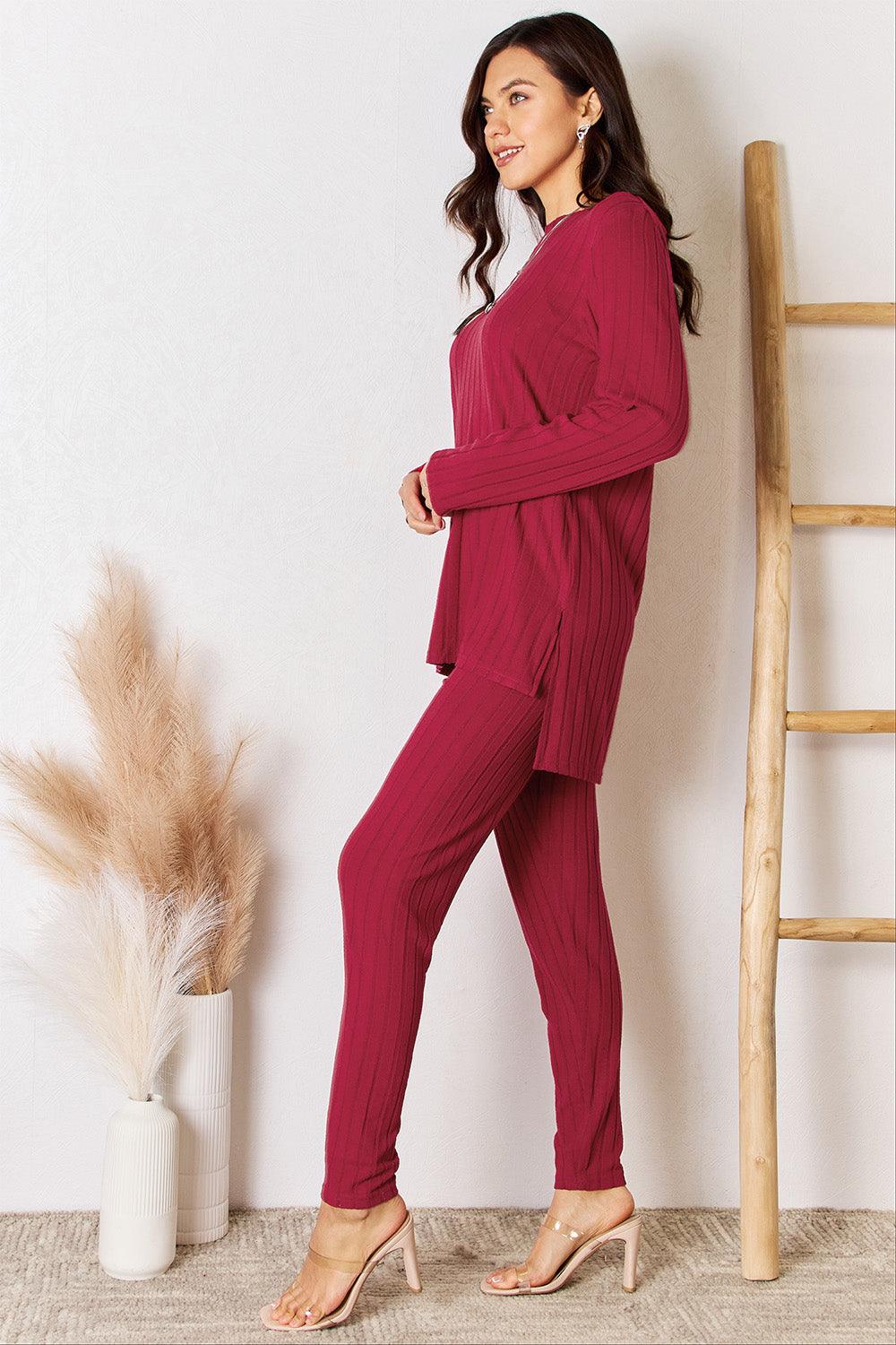 Basic Bae Full Size Ribbed Round Neck High-Low Slit Top and Pants Set Carauana Store