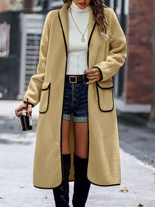Full Size Contrast Trim Long Sleeve Coat with Pockets Carauana Store