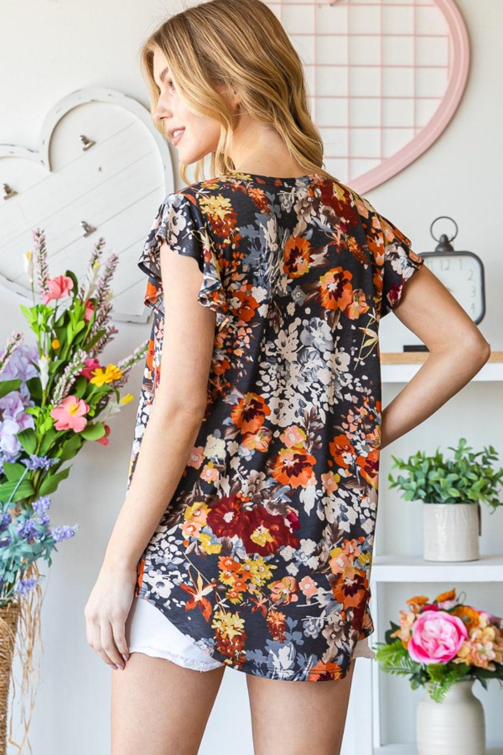 Heimish Full Size Ruffled Floral Round Neck Cap Sleeve Blouse Carauana Store