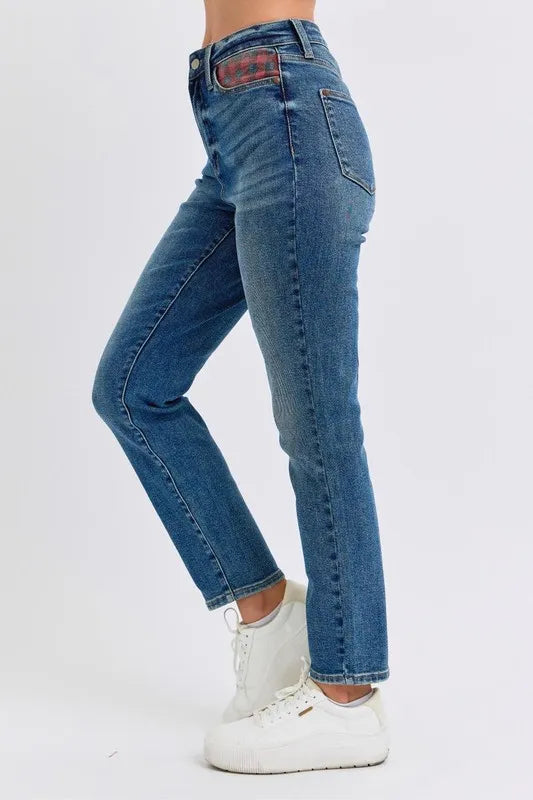 Judy Blue Full Size HW Plaid Patch Slim Fit Jeans Plus Size Carauana Store